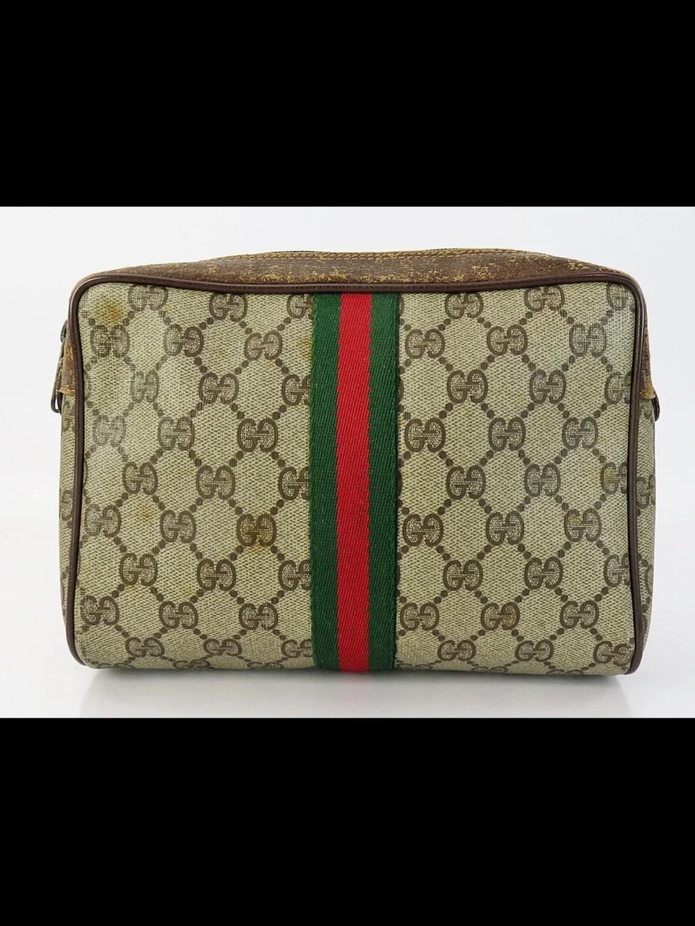 Gucci Brown GG Canvas Toiletry Pouch with Green and Red Web Stripe